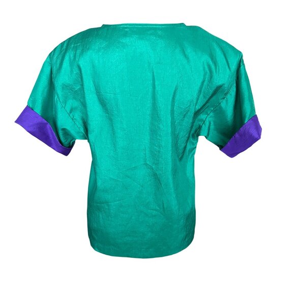 Vintage Joan Walters Green & Purple Polyester Short Sleeve Blouse Size S Made In - Picture 3 of 4